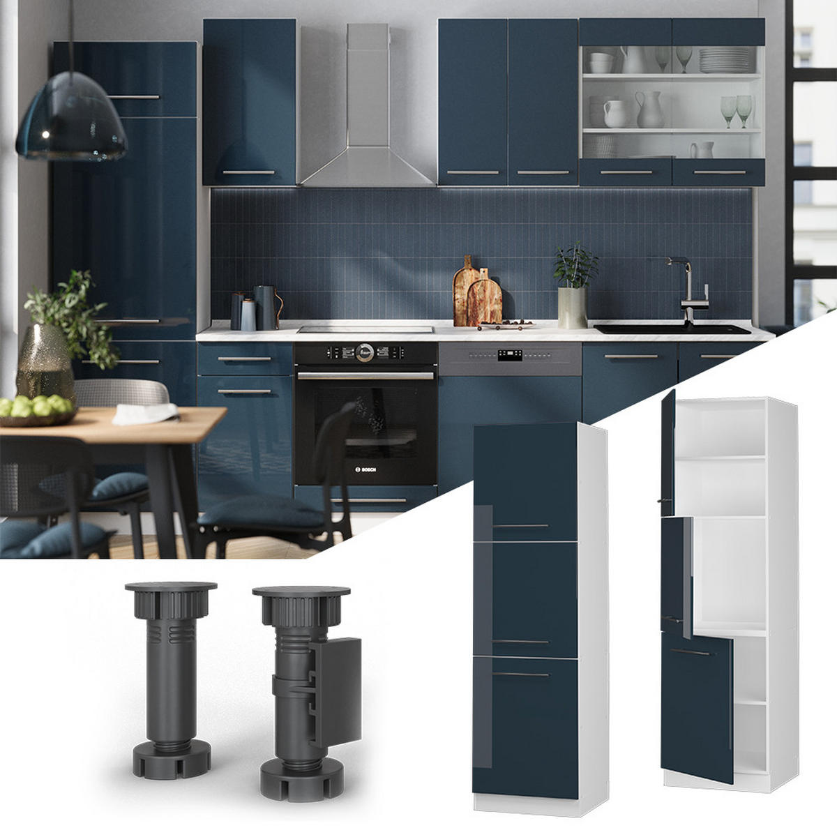 HERDUMBAUSCHRANK Fame-Line Dunkelblau Hochglanz 60 cm - Weiß/Dunkelblau, Holzwerkstoff (60/206.8/58cm) - Vicco