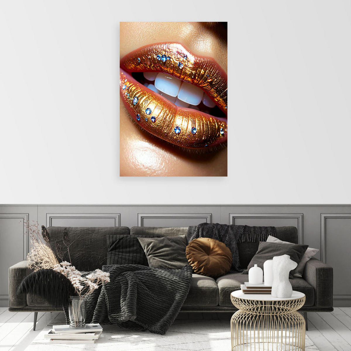 LEINWANDBILDER, Goldene Lippen mit buntem Glitzer im glamourösen Stil - Beige, Textil (40/60cm) - Feeby