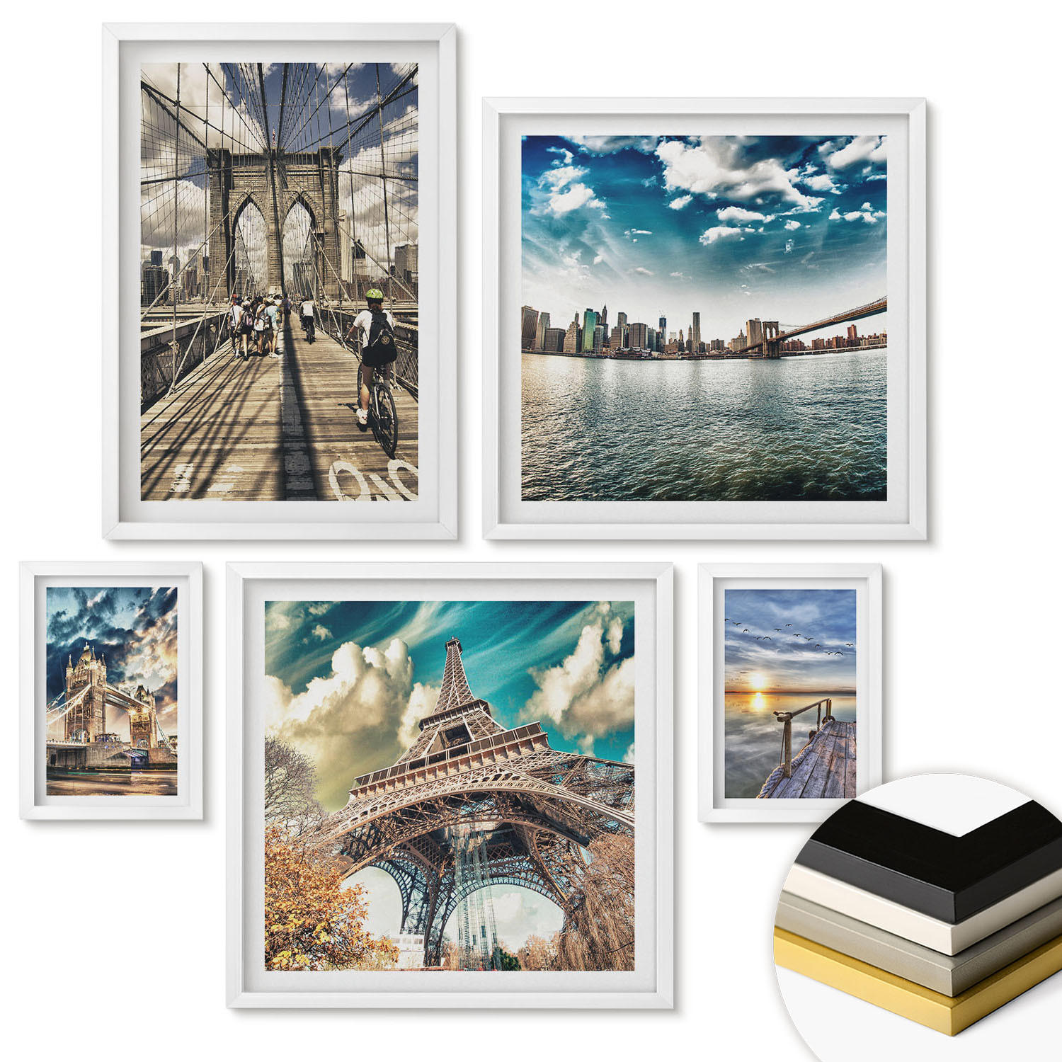 WANDBILDER 5er-Set - 50x50 cm & 20x30 cm & 40x60 cm Weißer Rahmen - Abstrakte geometrische Formen - Weiß, Kunststoff (40/60cm) - ArtPrintCave