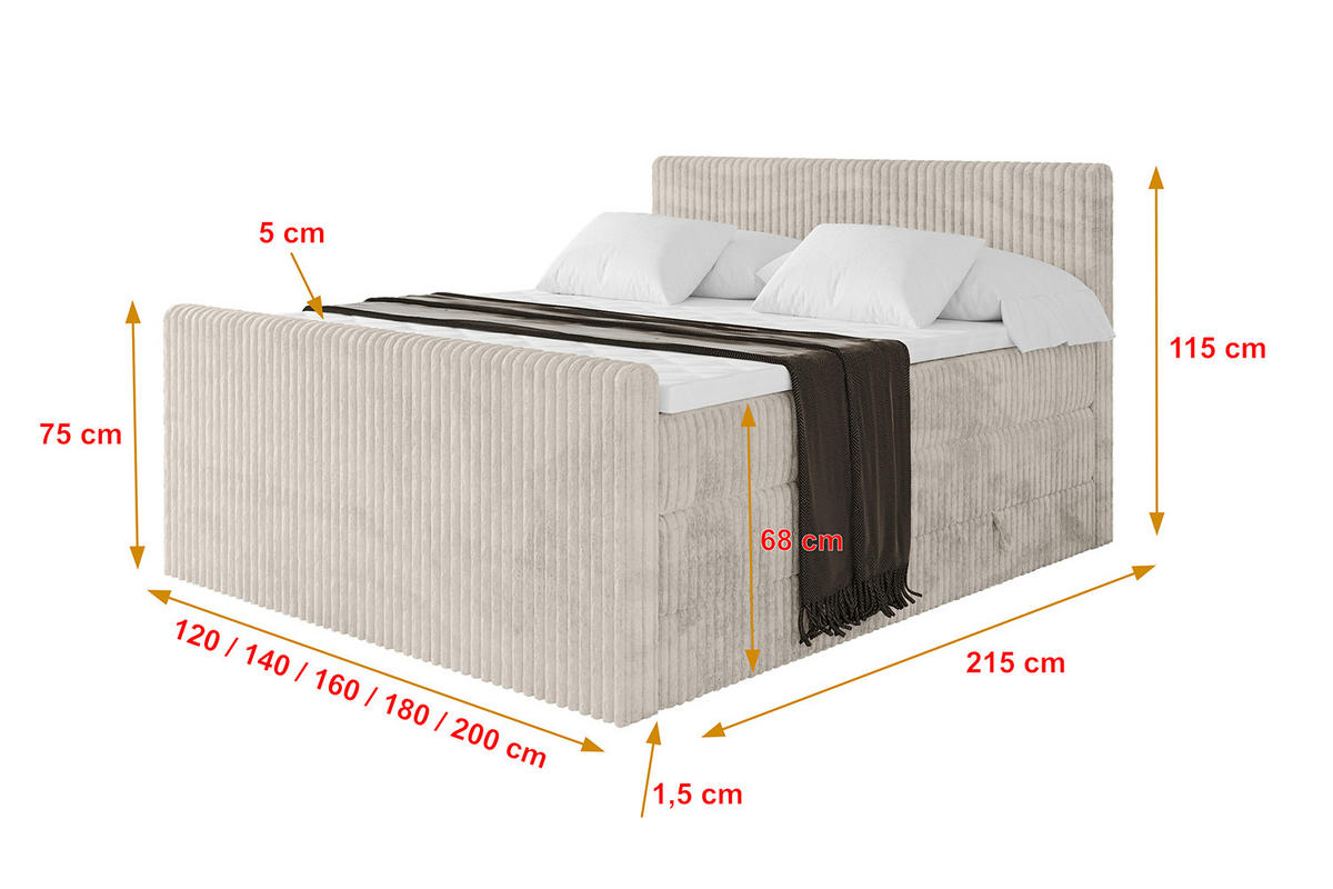 BOXSPRINGBETT mit Matratze H3|H4 und Lattenrost - TOLO-Z KING 180x200 Cord - Creme - Creme, Holzwerkstoff (180/200cm) - ALTDECOR