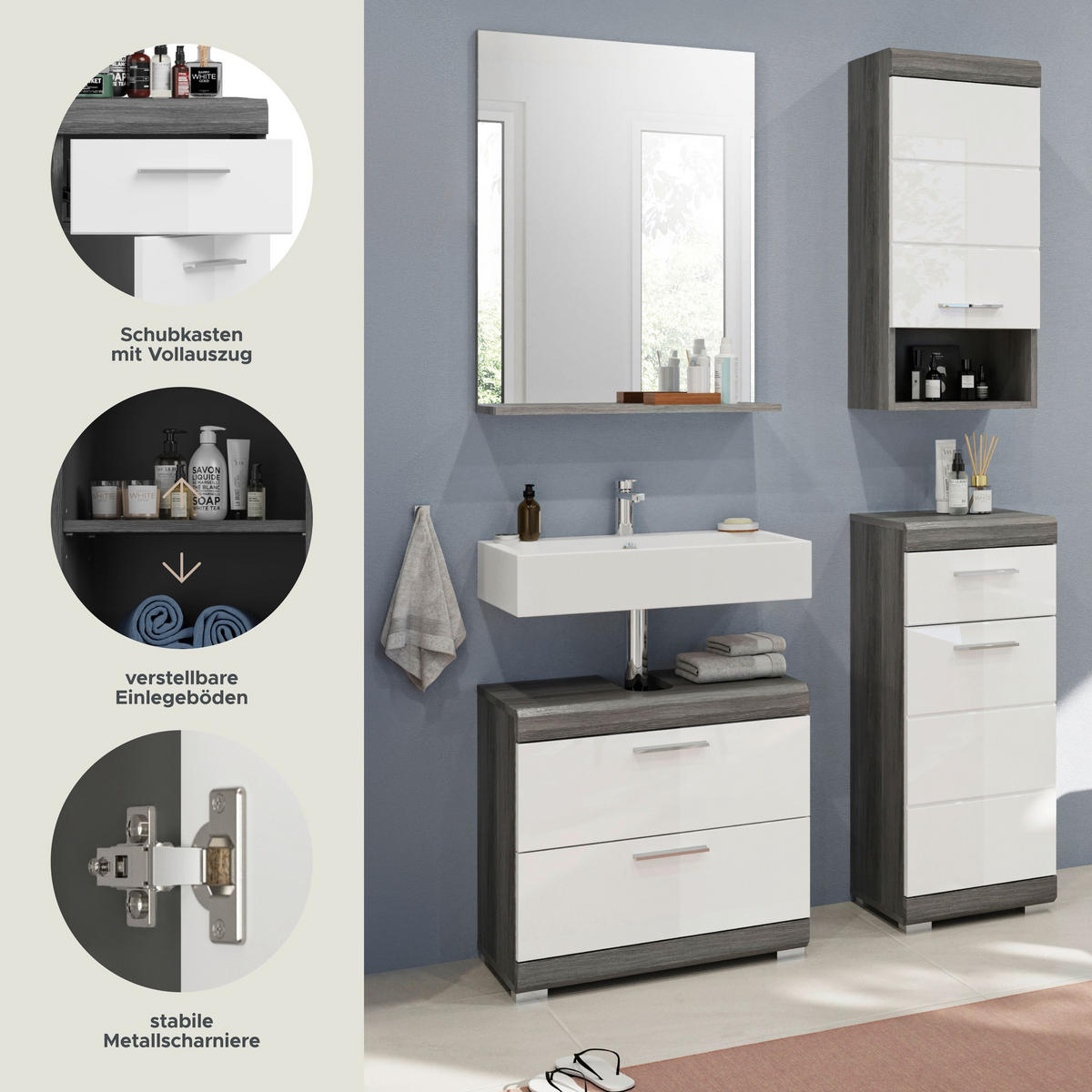 BADKOMBINATION 4tlg. Scout Bad in Rauchsilber Nachbildung und weiß hochglanz B/H/T: 112x191x34 cm - Anthrazit, Holz (112/191/37cm)