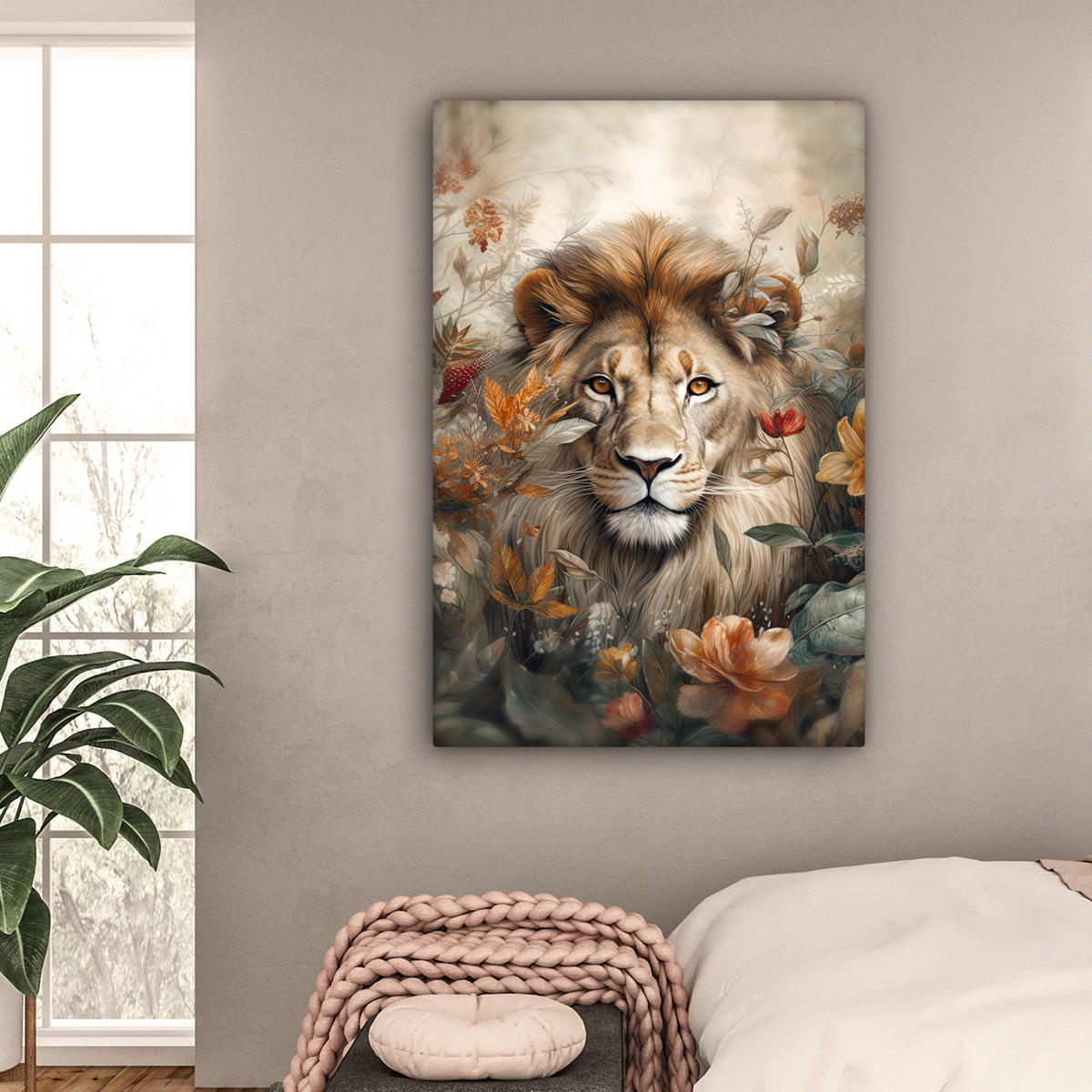 LEINWANDBILD Löwe - Wildtiere - Pflanzen - Natur - Blumen Deko XXL 80x120 cm - Beige, Textil (80/120cm) - MuchoWow