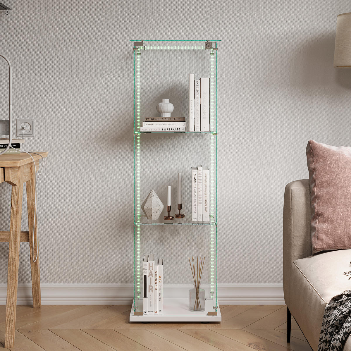 VITRINE, LED-Lichtleiste, 3 Einlageplatten, einzeltür mit Schloss, Weiß - Weiß, Glas (39.8/123.3/35cm) - BRILVERDE