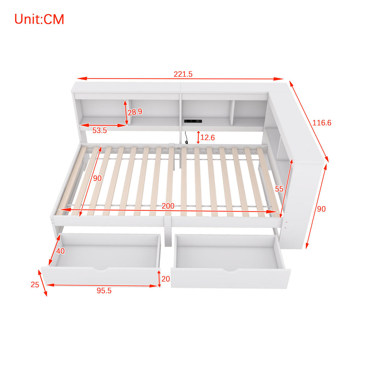 POLSTERBETT aus Spanplatte und MDF 90x200 cm Weiß mit 2 Schubladen, Steckdose, 2 USB-Anschlüssen und Ablagefächern - Weiß, Holzwerkstoff (90/200cm) - Modfu