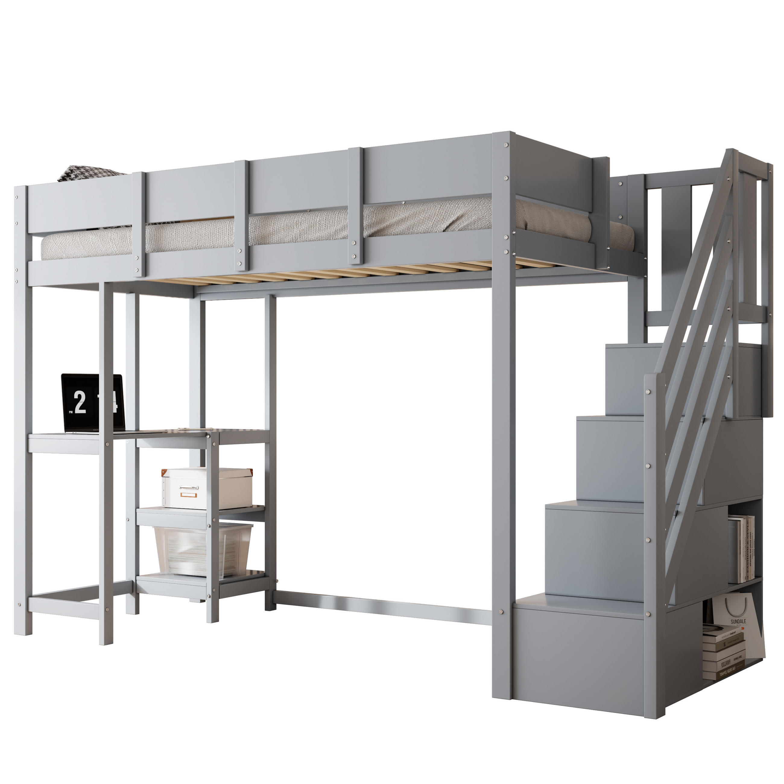 ETAGENBETT 90x200 Massivholz Kiefer Stauraum Ablage Grau - Grau, Holzwerkstoff - FLIEKS