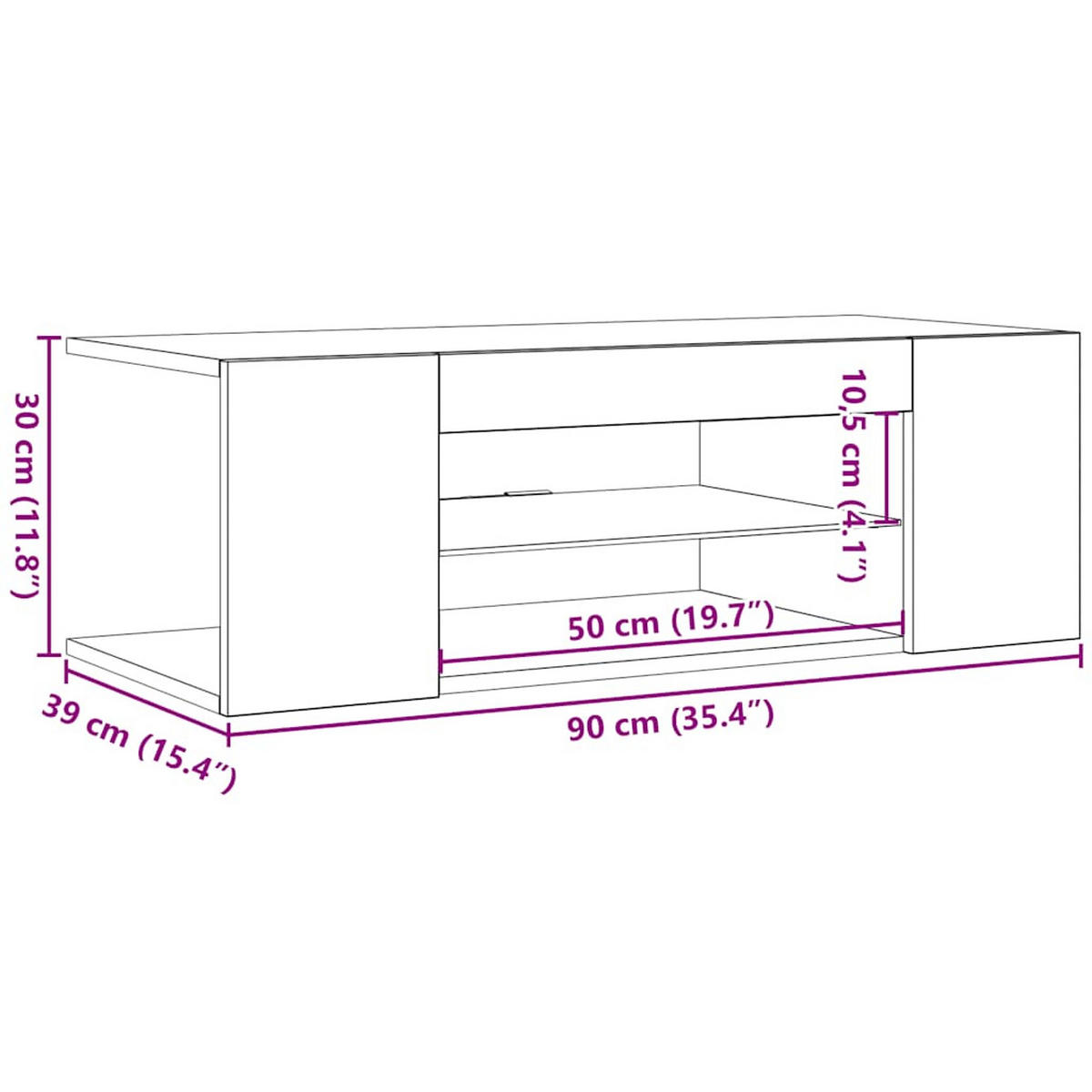 LOWBOARD mit Led-Leuchten 90/39/30 cm aus Holzwerkstoff in Sonoma-Eiche Dekor - Sonoma Eiche, Holz (90/30/39cm) - vidaXL