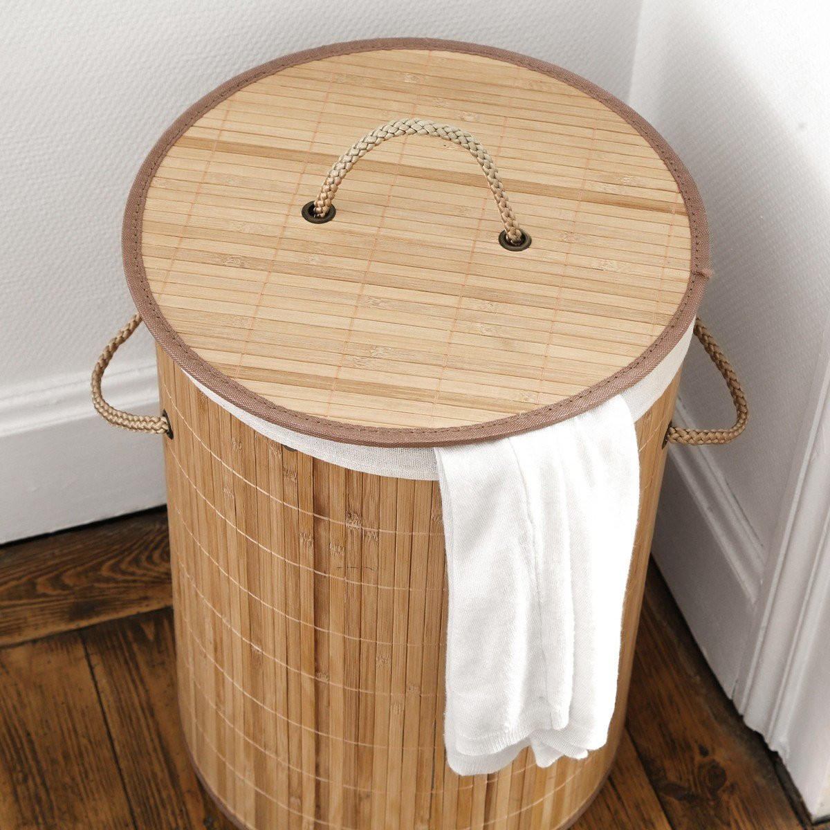 KULATÝ bambusový koš na prádlo, 60 l, výška 50 cm - YSA - jabloňová, dřevo (40/50/40cm) - Calicosy