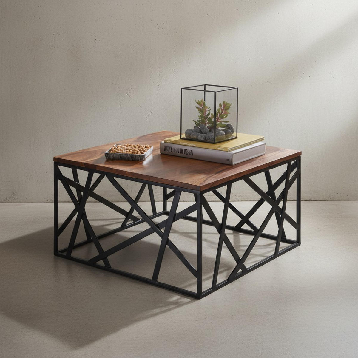 COUCHTISCH Industrial Stil, Sheesham Holz, Schwarzes Metallgestell, 60x60 cm - Schwarz/Braun, Holz/Metall (60/60/35cm) - KADIMA DESIGN