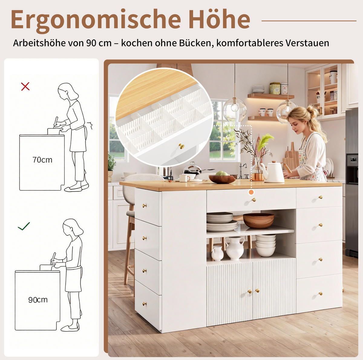 KÜCHENINSEL aus MDF mit Stauraum & Hocker, 140/40(70)/89 cm, Weiß - Weiß, Holzwerkstoff (40/89/140cm) - Redom