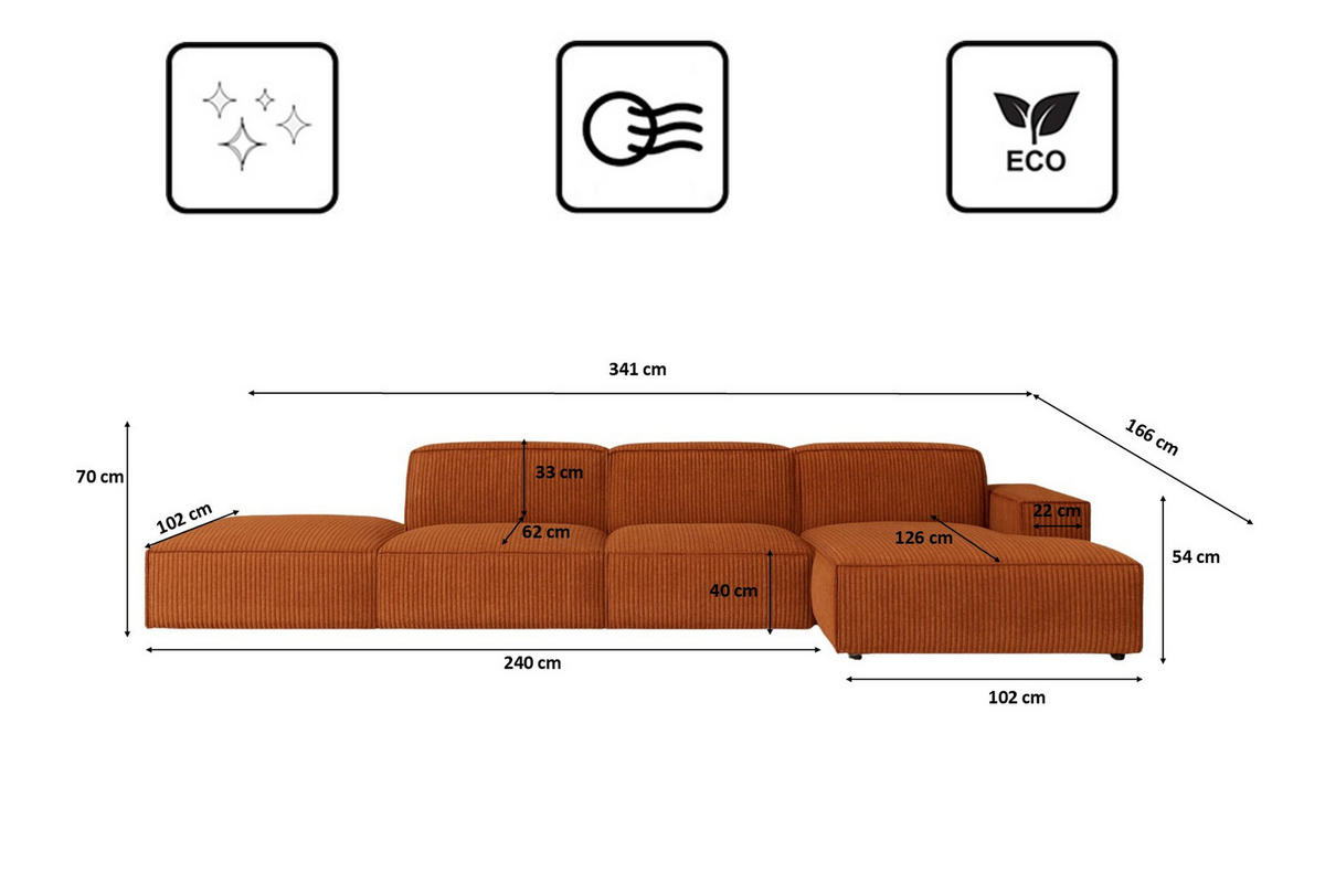 ECKSOFA Cursal L-Form, Stoff Poso, Kupfer + Hocker, Rechts - Orange, Holz (341/166cm) - Kaiser Möbel