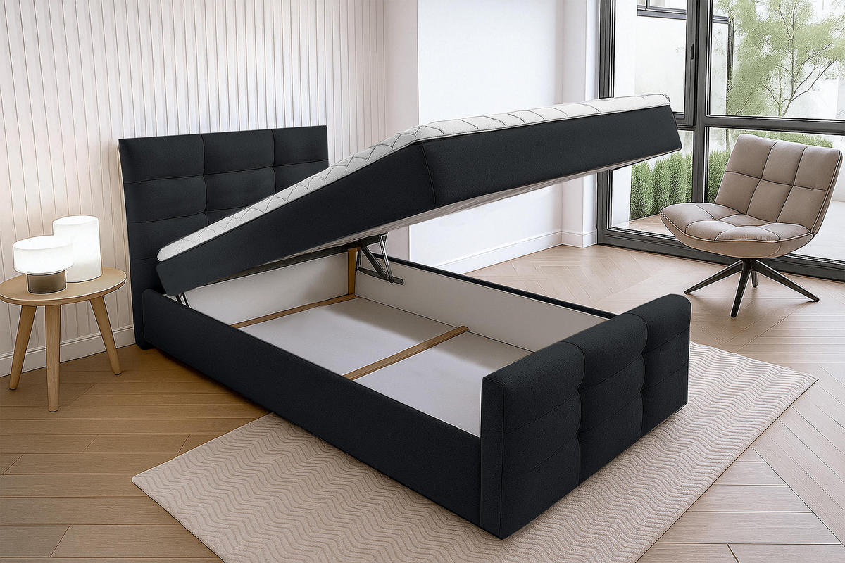 BOXBETT ARGENTARO 120x200 cm mit Bettkasten und Matratze - Schwarz - Schwarz, Holz/Holzwerkstoff (120/200cm) - AX Living