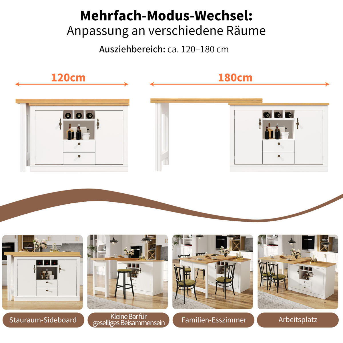BARTISCH ausziehbar 120-180 cm MDF Natur/Weiß mit Stauraum - Weiß, Holzwerkstoff (40/76/180cm) - Meubliv