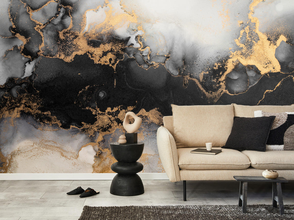 FOTOTAPETE für Wohnzimmer Marmor Klassisch Gold Akzente 100x70 - Gelb/Beige, Papier (100/70cm) - Muralo