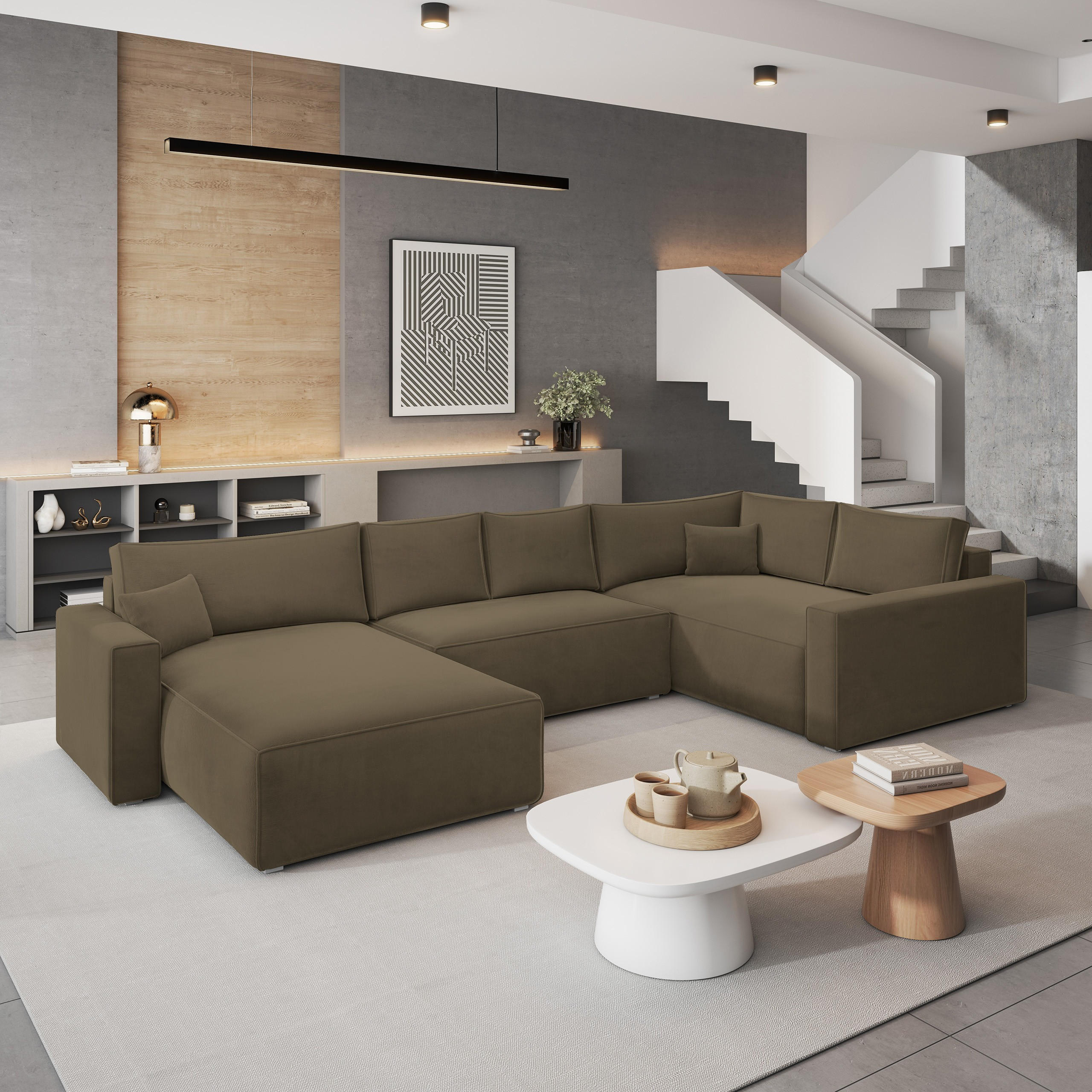 WOHNLANDSCHAFT VELAMI R-S Beige Velours-Stoff mit Schlaffunktion - Beige, Holz (365/83/194cm) - MASSENO