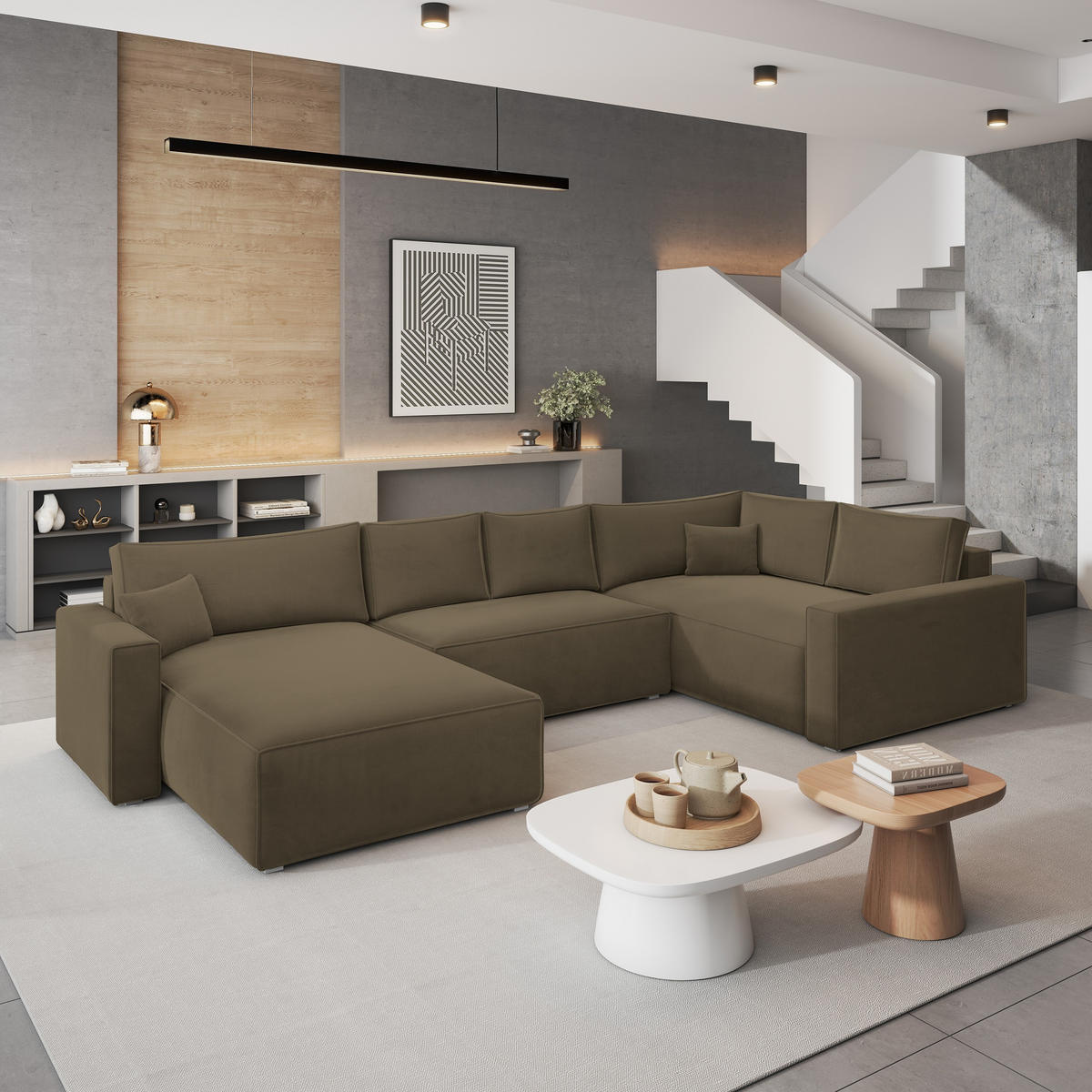 WOHNLANDSCHAFT VELAMI R-S Beige Velours-Stoff mit Schlaffunktion - Beige, Holz (365/83/194cm) - MASSENO