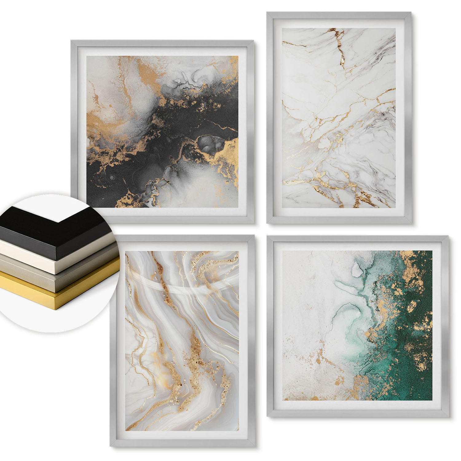 WANDBILDER 4er Set - 50x50 cm & 40x60 cm Silberner Rahmen - Abstrakte Muster weiß schwarz grün - Silberfarben, Kunststoff (50/50cm) - ArtPrintCave