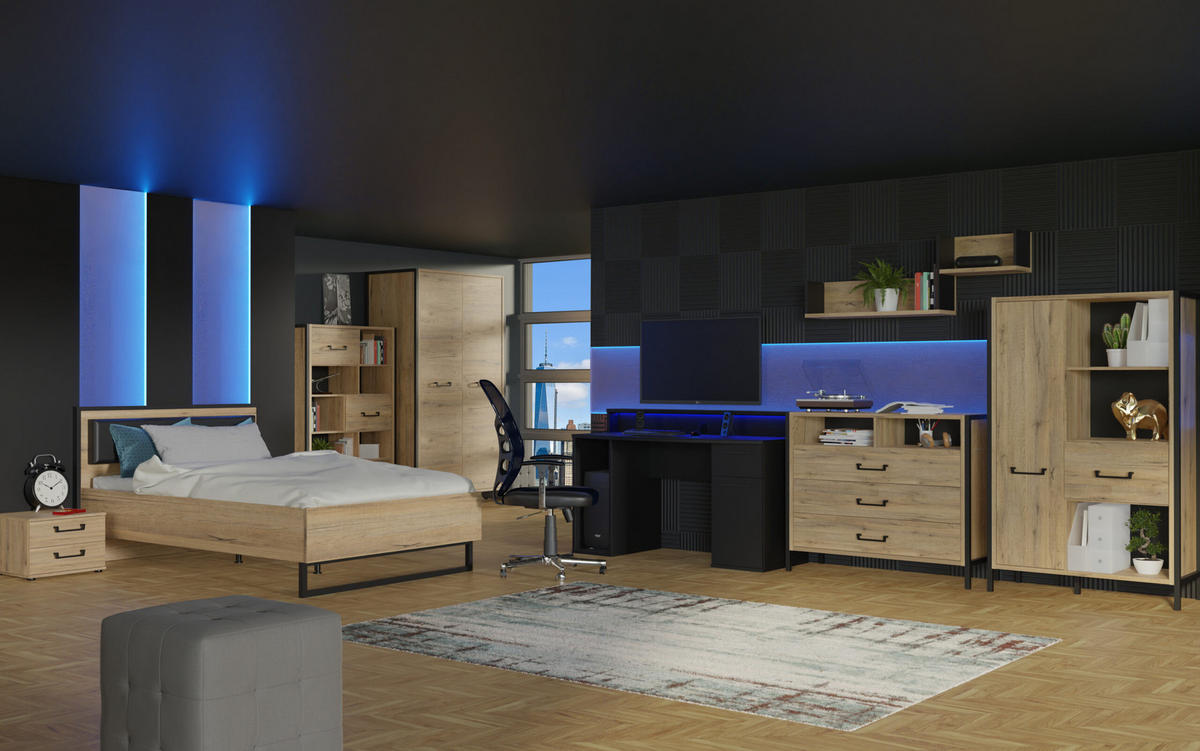 JUGENDZIMMER Oriental Tree Gamingzimmer in Bartex Eiche und Schwarz 7 teilig mit Gamingtisch - Braun, Holzwerkstoff (120/200/80cm)