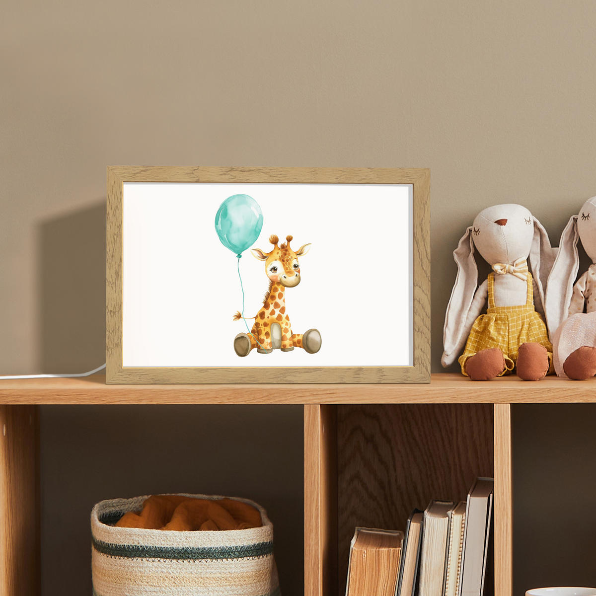 NACHTTISCHLAMPE Giraffe - Baby - Tiere - Blauer Ballon 30x20 cm - Weiß, Holzwerkstoff (8/30/20cm)