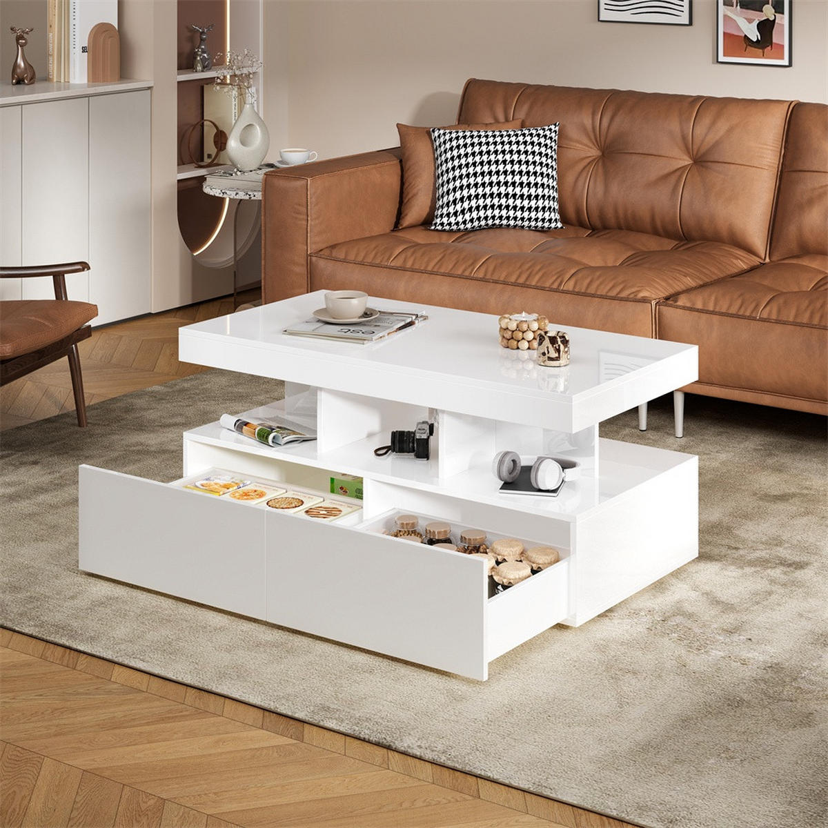 COUCHTISCH in Hochglanz-Weiß mit LED-Beleuchtung und 2 Schubladen - Weiß, Holzwerkstoff (104/53/46cm) - DELFA