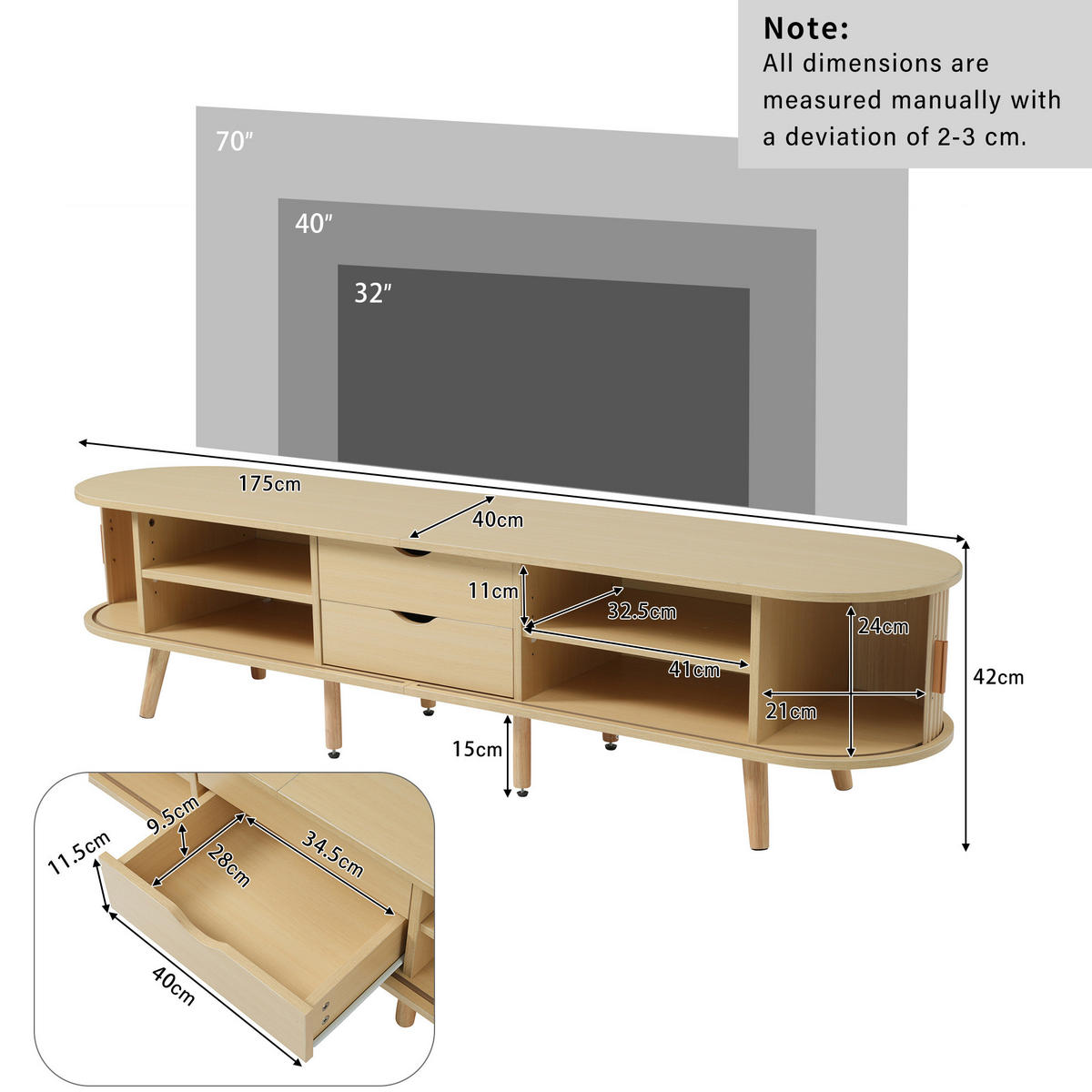 TV-SCHRANK 175/40/42 cm helles Walnussholz MDF mit 2 Schubladen und Schiebetüren - Alteiche, Holzwerkstoff (175/42/40cm) - OKWISH