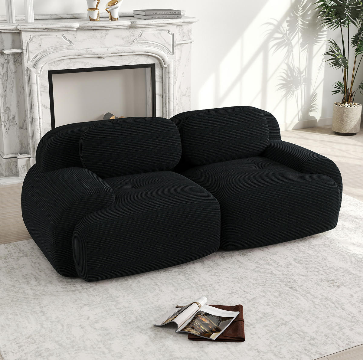 MODULARES Ecksofa rahmenlos mit geschwungenen Armlehnen und rutschfester Unterseite, Schwarz - Schwarz, Textil (208/103cm) - Redom