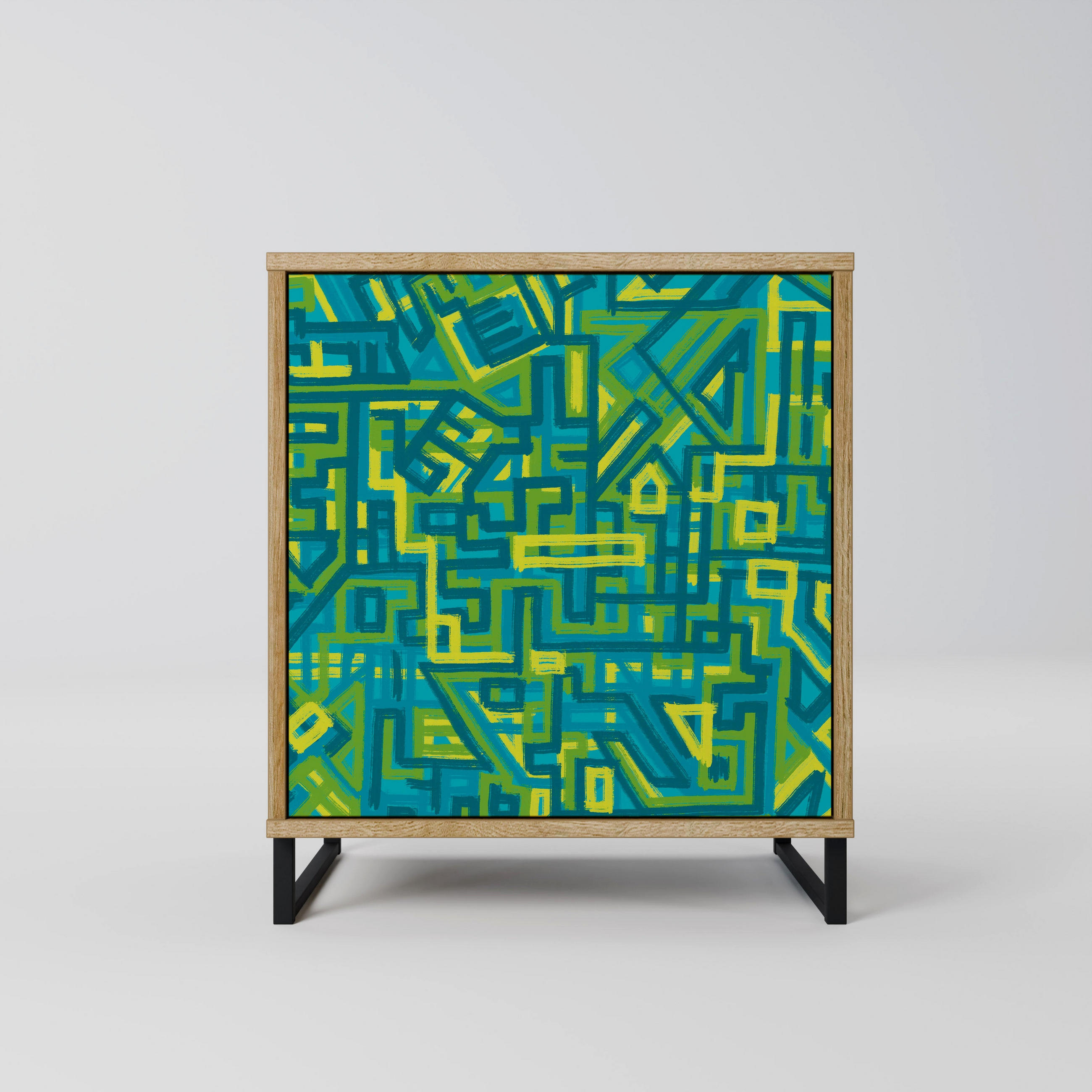 SIDEBOARD NOSTALGIC MEMORIES, Eichefarben, 57,5x42x67,5 cm, Schwarze Metall-Rahmenfüße - Eichefarben/Multicolor, Holzwerkstoff/Metall (57.5/67.5/42cm) - SpaceRebels