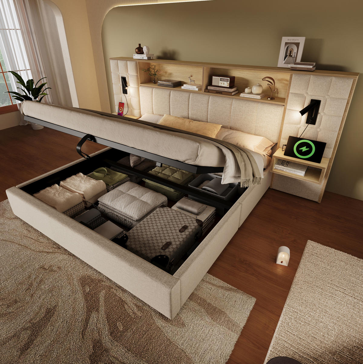 BETT mit Stauraum 160x200 cm Leinen Beige mit Nachttischen - Beige, Metall (160/200cm) - Meubliv