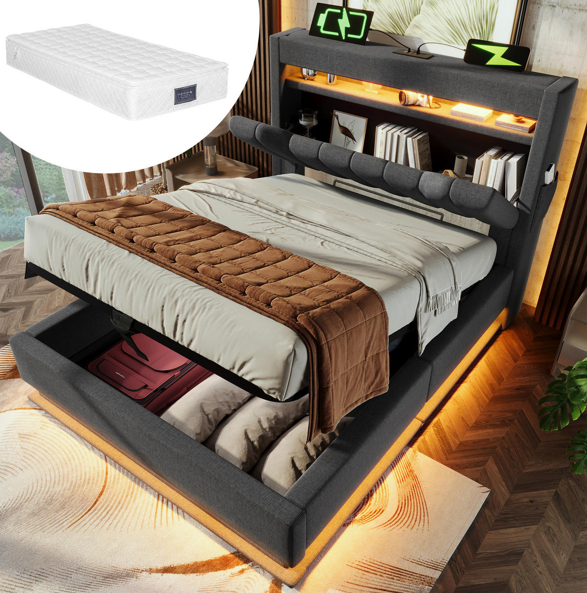POLSTERBETT 90/200 cm mit Bettkasten, LED-Beleuchtung und gepolstertem Kopfteil - Grau, Textil (90/200cm) - BEAOK
