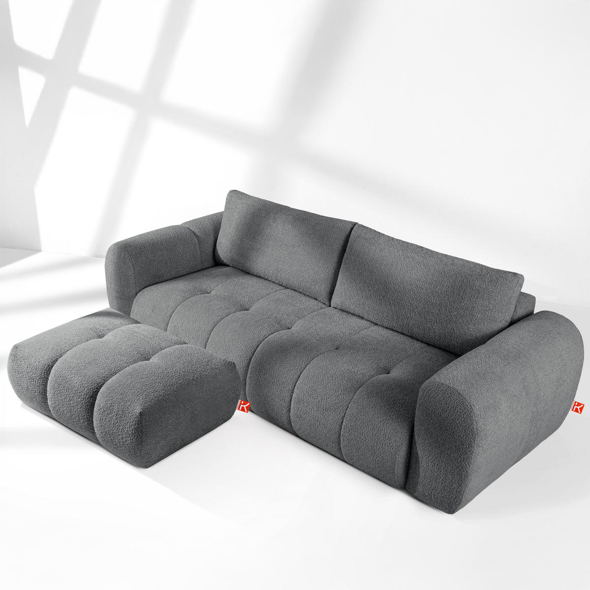 SOFA LIRA mit Pouf, Dunkelgrau, Bouclé - Dunkelgrau, Holz/Holzwerkstoff (96/43/50cm) - KONSIMO®