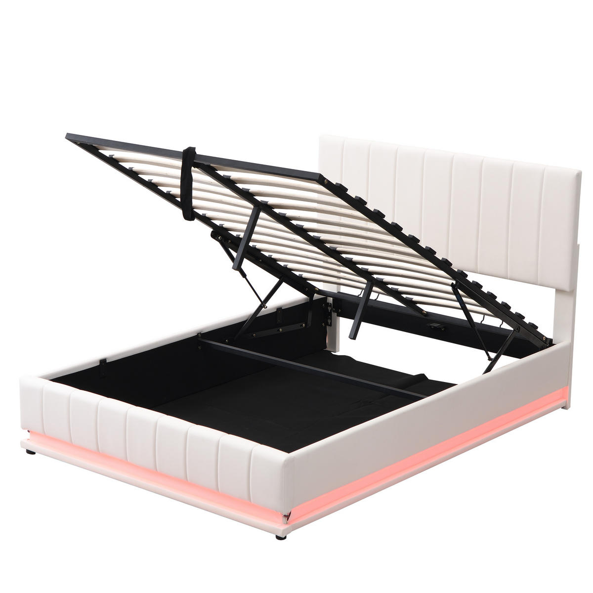 POLSTERBETT 140/200 cm mit LED-Streifen und Stauraum, Weiß, Doppelbett - Weiß, Textil (140/200cm) - OKWISH