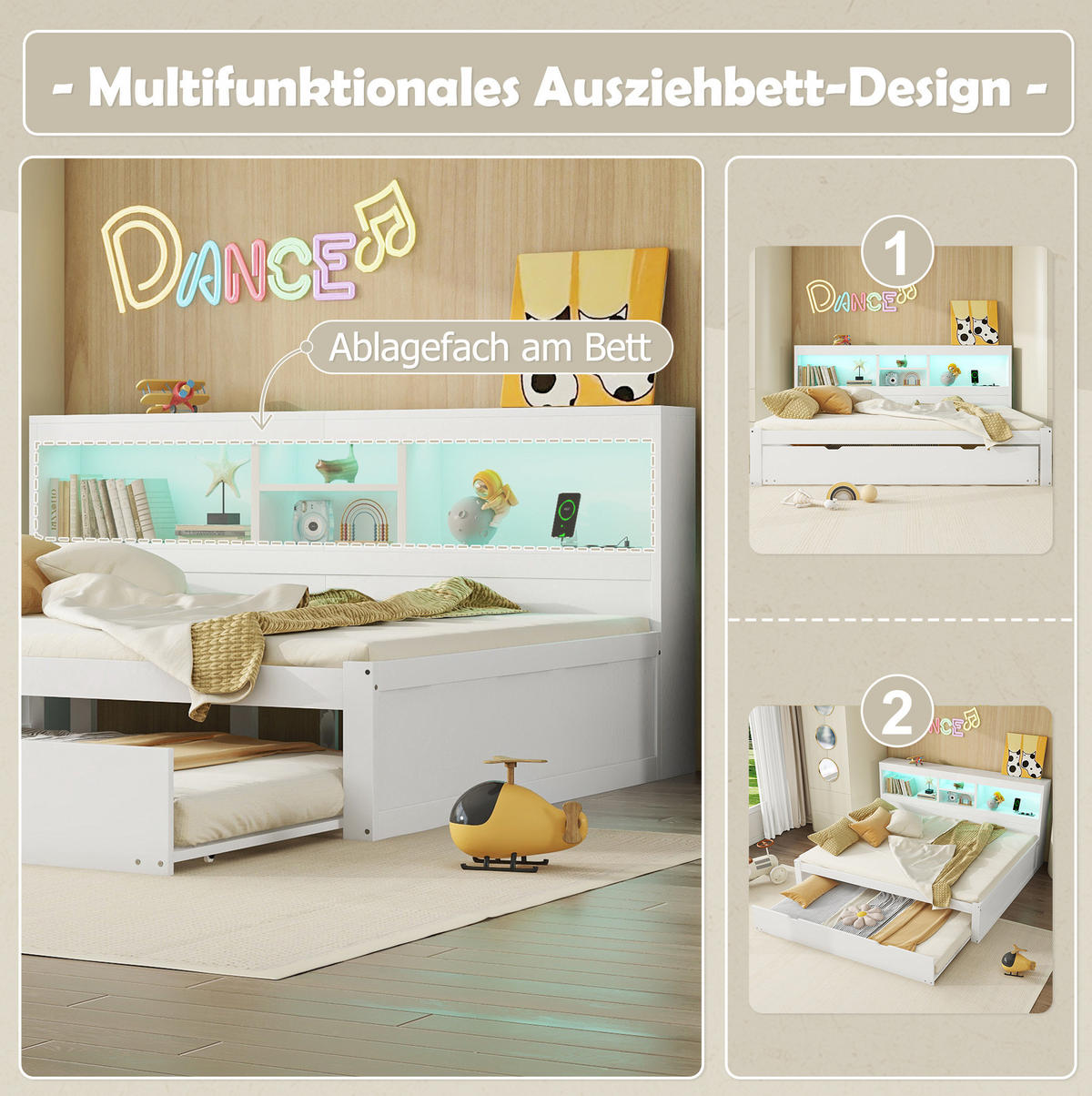 BETT 140/200 cm Weiß mit Ausziehbett, LED-Beleuchtung und USB-Anschlüssen - Weiß, Holzwerkstoff (140/200cm) - Flora Grace