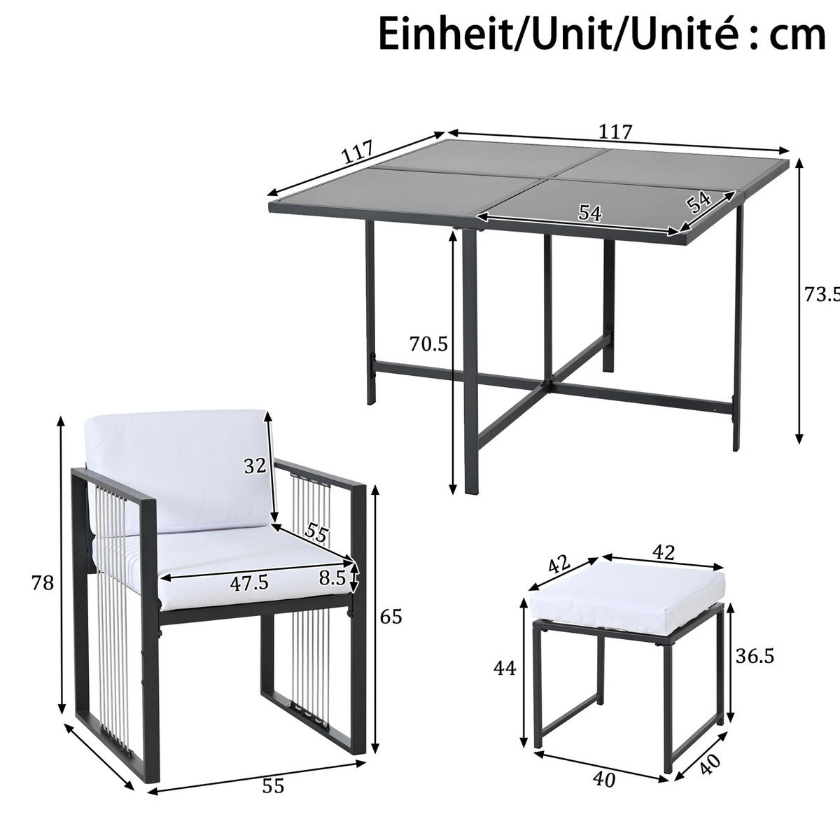 ZAHRADNÍ jídelní set z kovu a skla 117x117x73 cm černobílý pro 6 osob s odolnou konstrukcí - černá, kov - Modfu