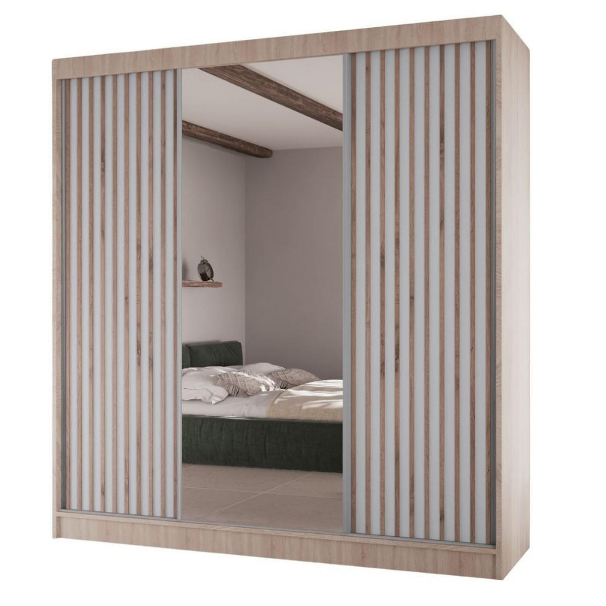 SCHWEBETÜRENSCHRANK Lami mit Spiegel und Lamellen, 215x200x61cm, eiche Sonoma+ Weiß - Weiß/Sonoma Eiche, Holzwerkstoff (200/215/61cm) - AN-Moebel 4u