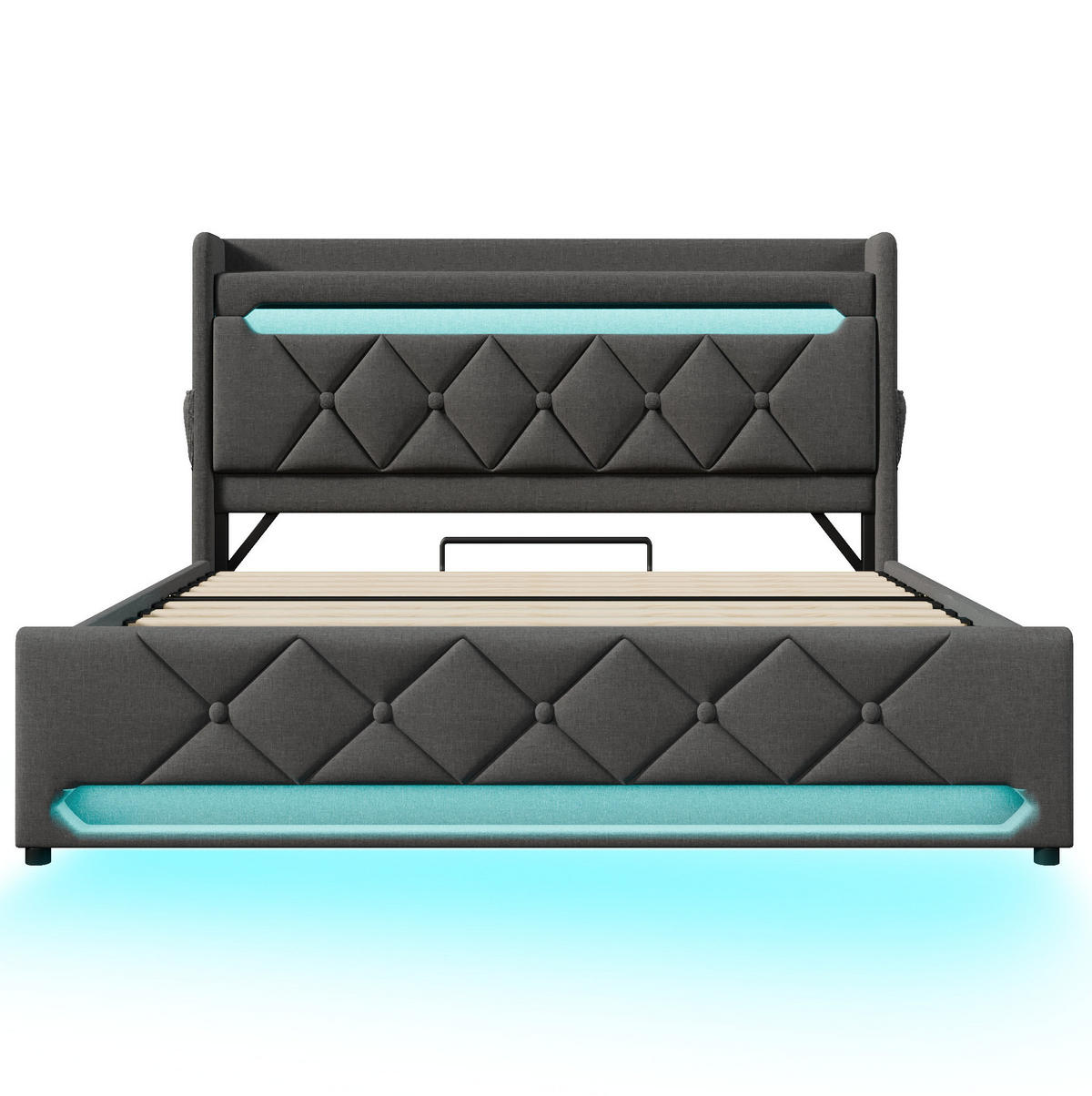 POLSTERBETT 160/200 cm mit LED, USB-C und hydraulischem Stauraum, Leinenoptik,und Matratze, Grau - Grau, Textil (160/200cm) - Redom
