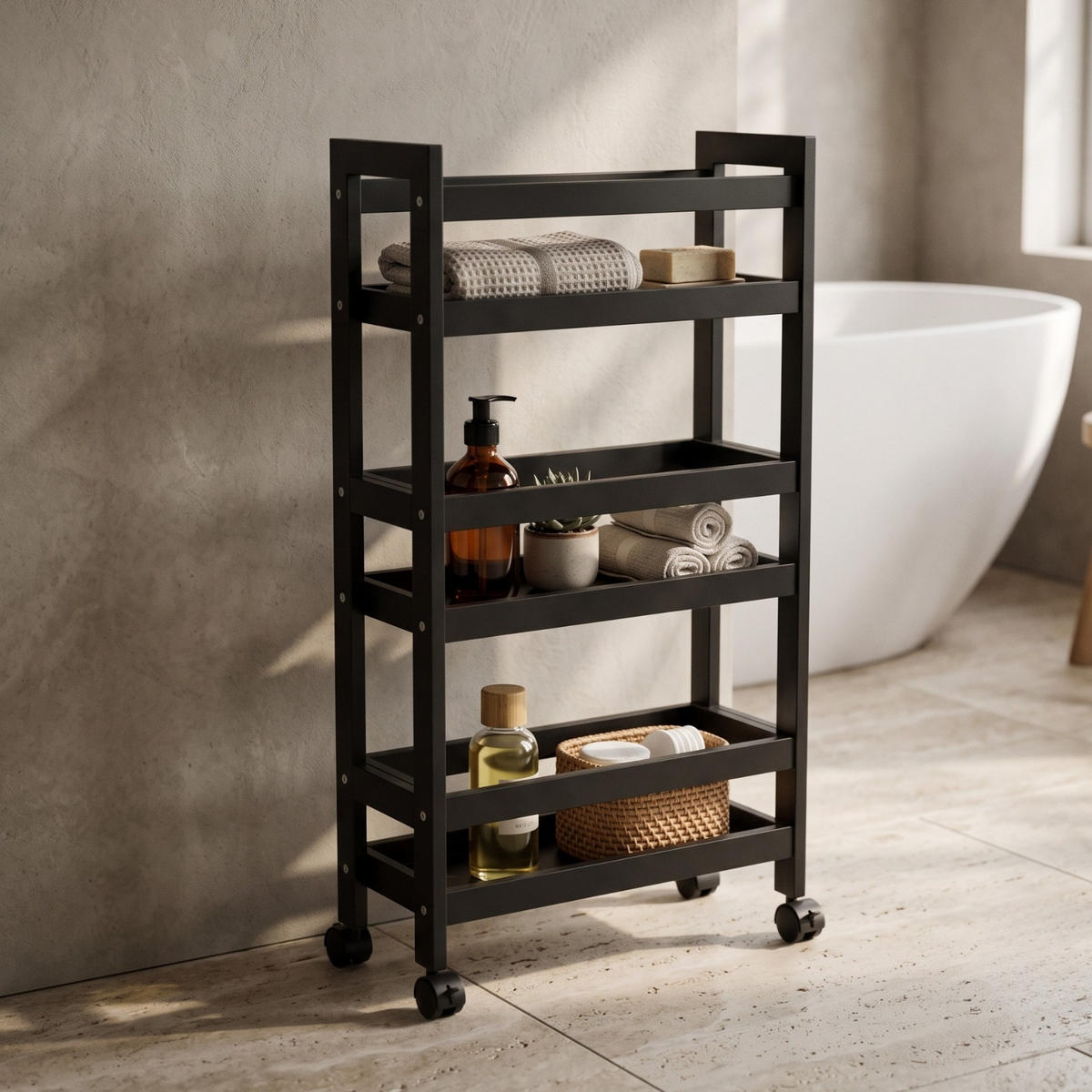 BADEZIMMERREGAL auf Rollen Kluk 38/15/76 cm - Schwarz, Naturmaterialien (15/76/38cm) - NUXIO
