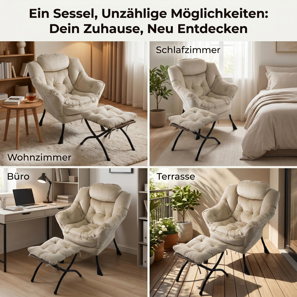 SESSEL mit Hocker und Seitentasche, DE-42303, Beige - Beige, Metall (80/93/72cm) - ComfortXL