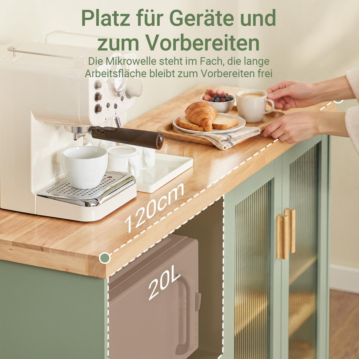 SIDEBOARD Grün, 120 cm breit, Arbeitsplatte aus Gummibaumholz, Glastüren mit Weinglas-Halterung und Flaschenregal, 2 Schubladen - Grün, Glas/Holz (120/90/40cm) - SoBuy