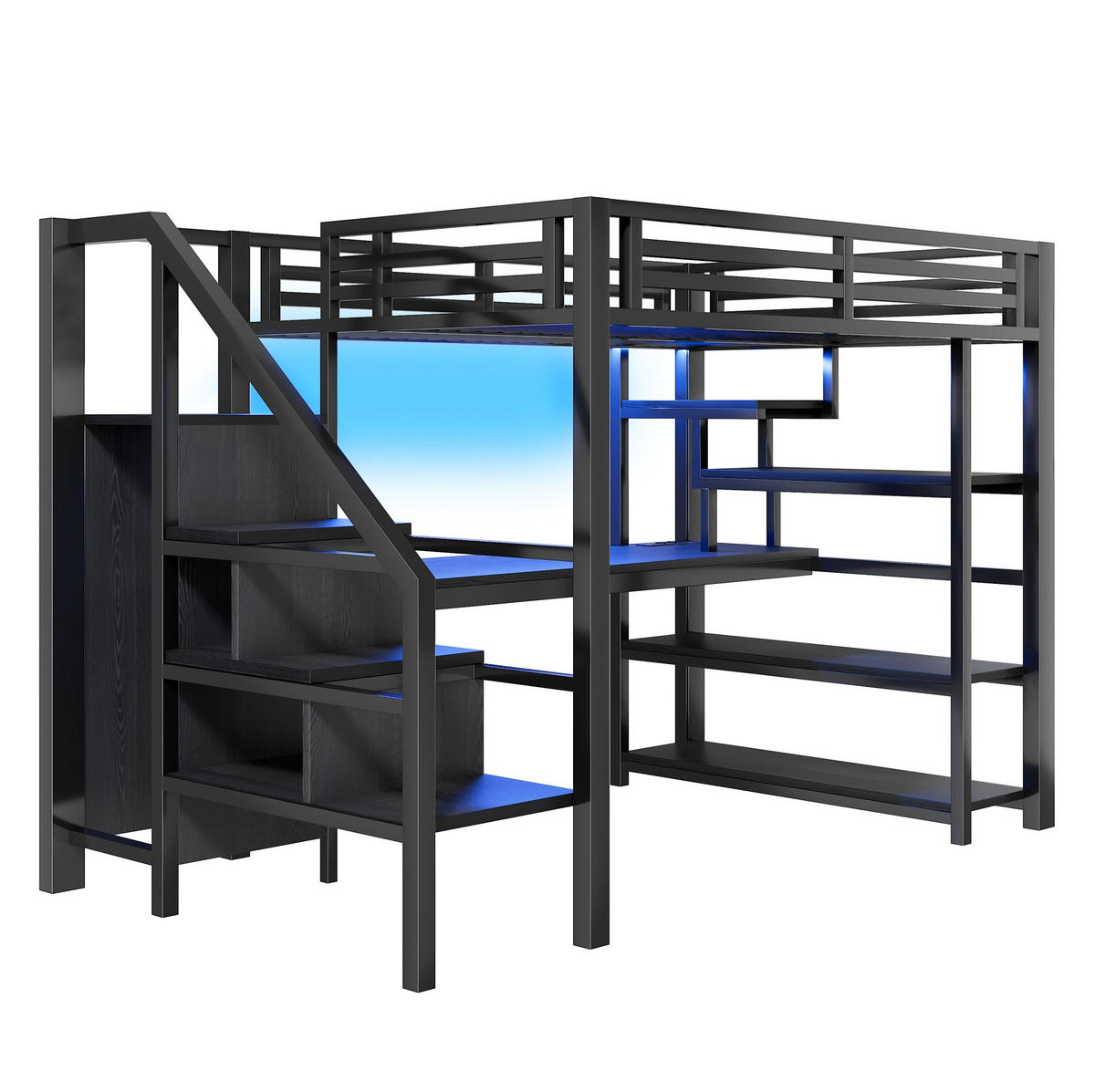 HOCHBETT aus Metall und MDF 140x200 cm Schwarz mit Treppe, Schreibtisch, Kleiderschrank, LED und USB-Ladestation - Schwarz, Holzwerkstoff (90/200cm) - Modfu