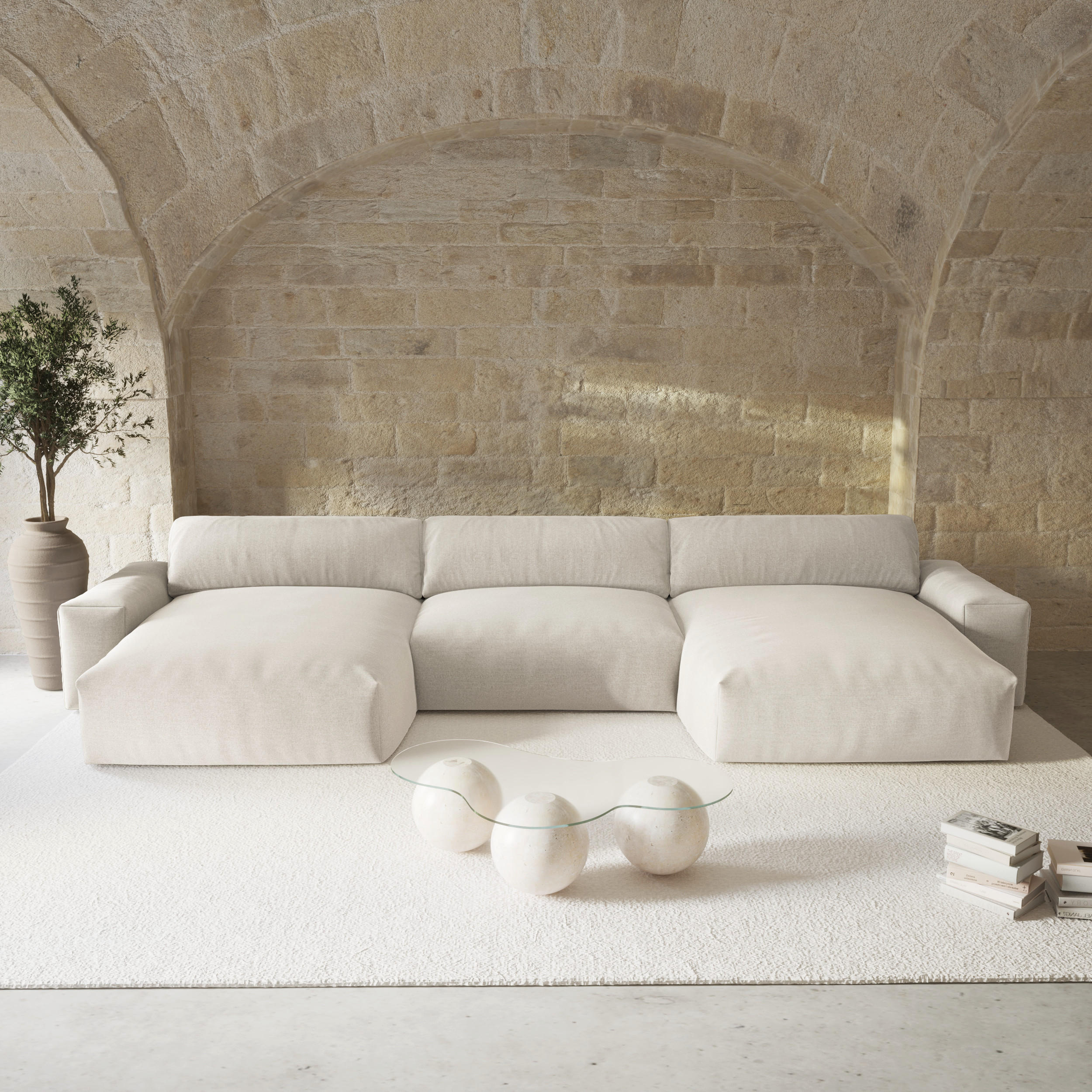 WOHNLANDSCHAFT Rastergewebe Beige 420cm - Beige, Textil (420/75/174cm) - Sia Home