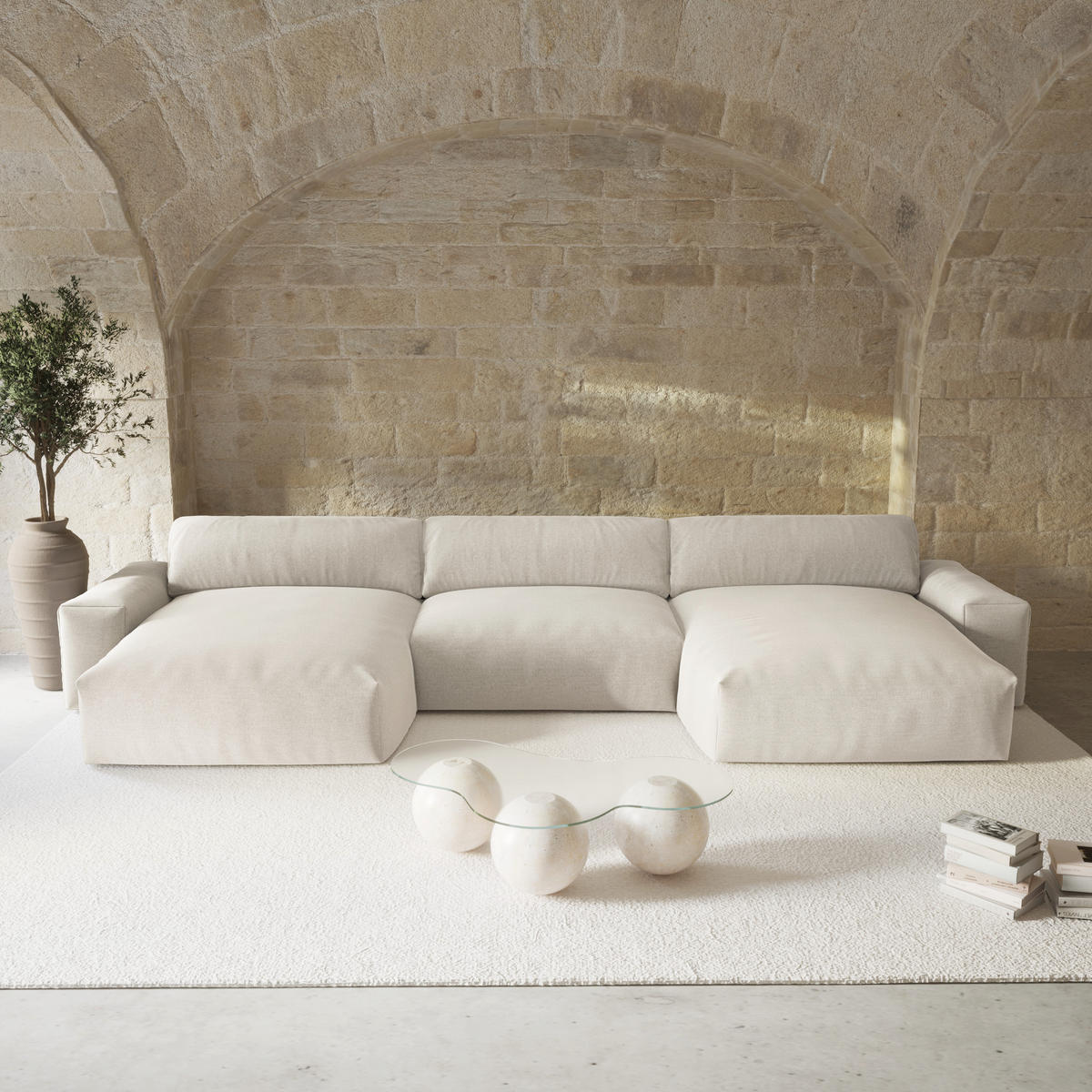 WOHNLANDSCHAFT Rastergewebe Beige 420cm - Beige, Textil (420/75/174cm) - Sia Home