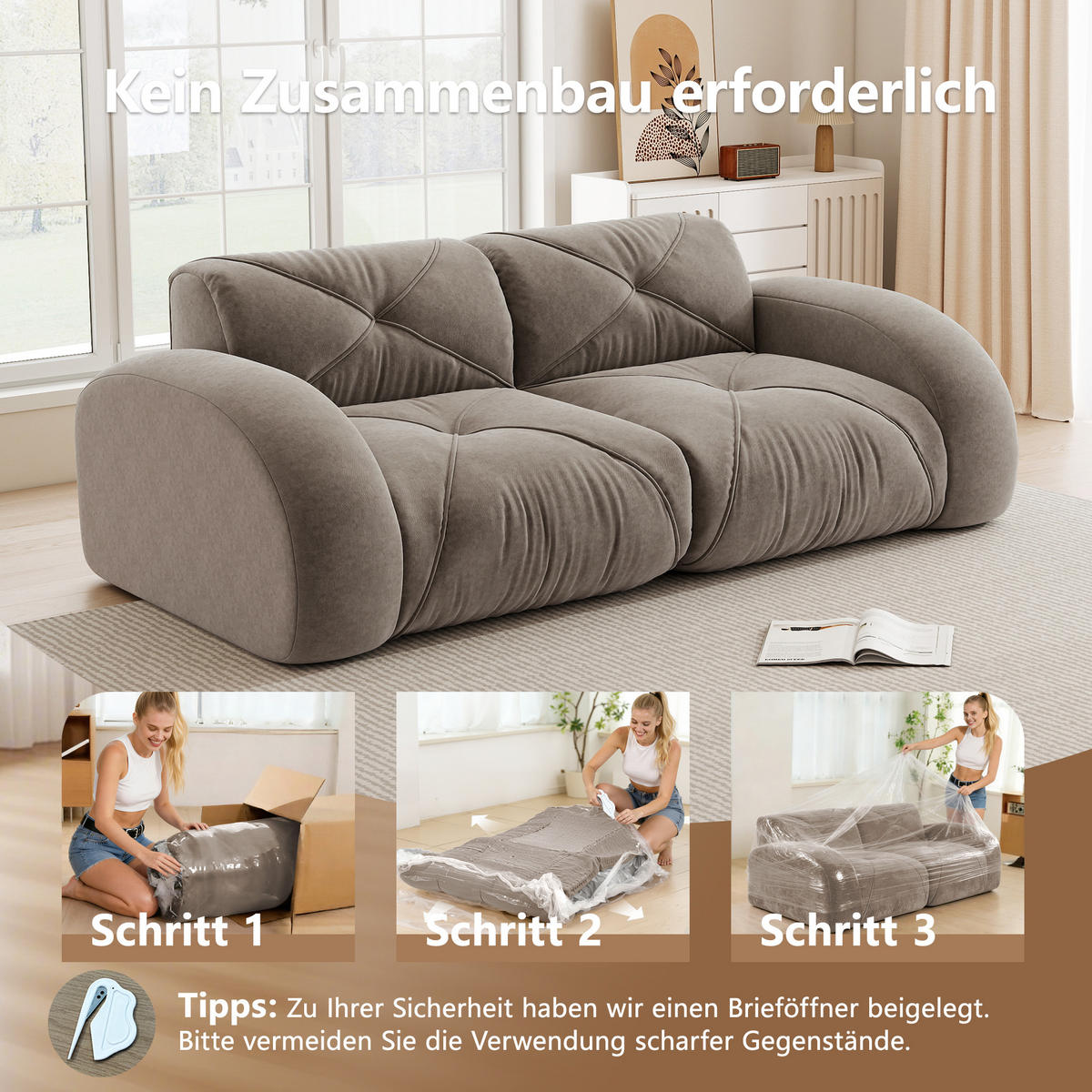 2-SITZER SOFA chenille modular & montagefrei - Walnussfarben, Textil (204/76/95cm) - Urban Meuble
