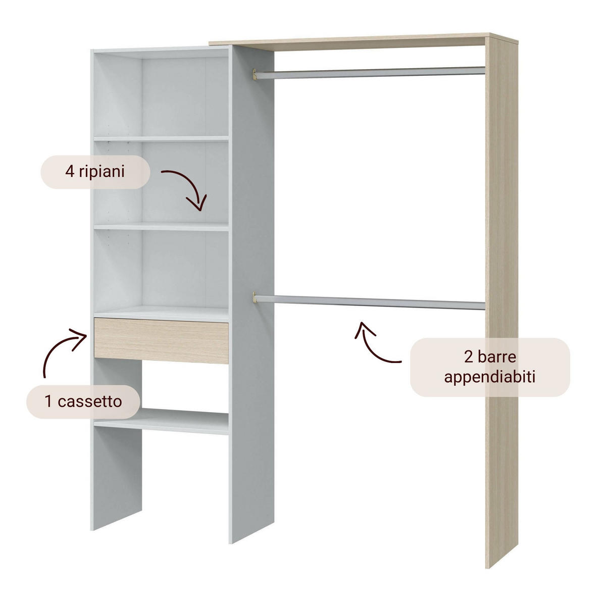 OFFENER KLEIDERSCHRANK Holz-Effekt Weiße Eiche 40x158x187 - Weiß, Holzwerkstoff (158/187/40cm) - DMORA