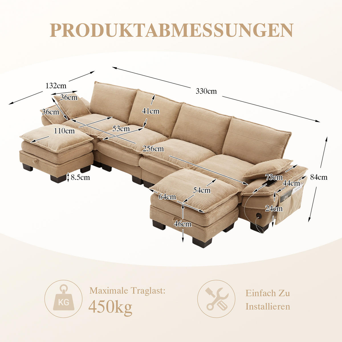 WOHNLANDSCHAFT Cord Khaki mit USB-C, Seitentaschen und 2 Hockern - Hellbraun, Holzwerkstoff/Kunststoff (330/84/132cm) - WISHDOR