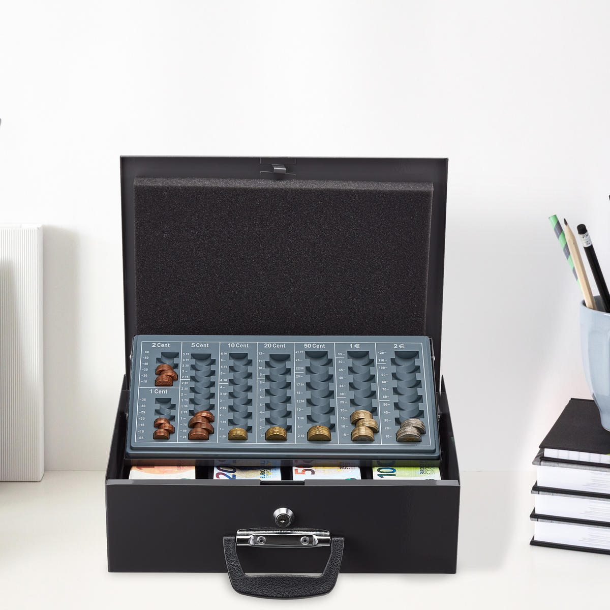 POKLADNA na mince Euro - šedá, kov/plast (36/11.5/28.5cm) - Relaxdays