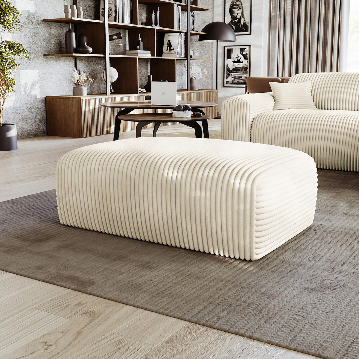 POLSTERHOCKER - Cord - Creme/Schwarz, Kunststoff/Textil (110/40/72cm) - home24