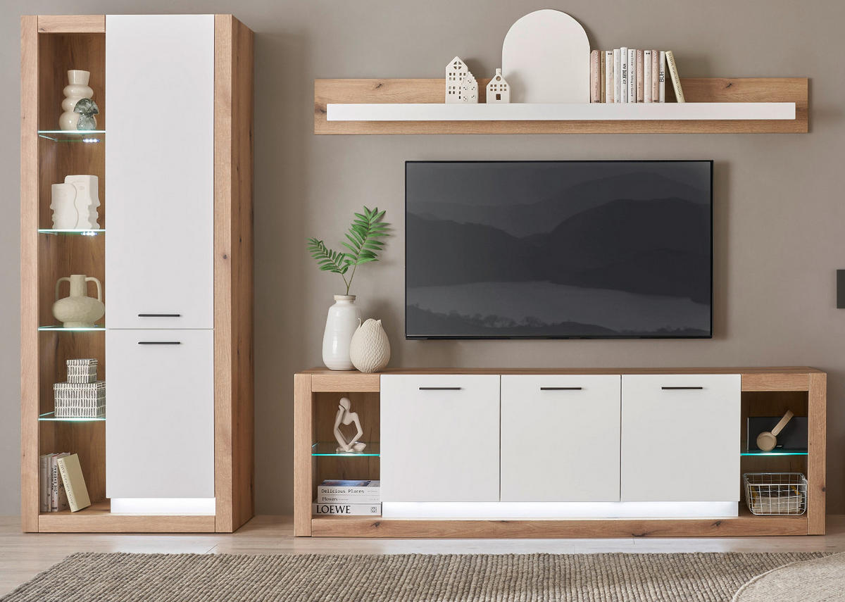 WOHNWAND weiß matt, Evoke Eiche, Wohnkombination Set 3-teilig 298 cm - Eichefarben/Silberfarben, Glas/Holzwerkstoff (298/195/43cm) - Furn.Design