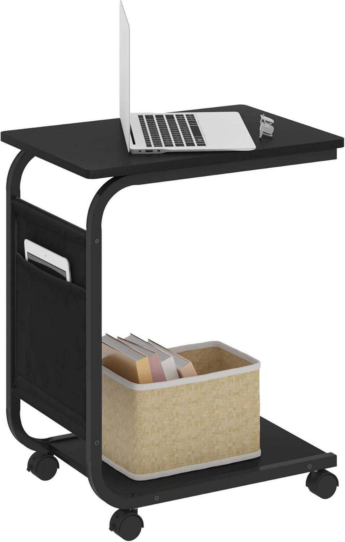 BEISTELLTISCH, Couchtisch mit 2 Ablagen 1 Seitentasche - Schwarz, Holzwerkstoff/Textil (35/50/62cm) - Woltu