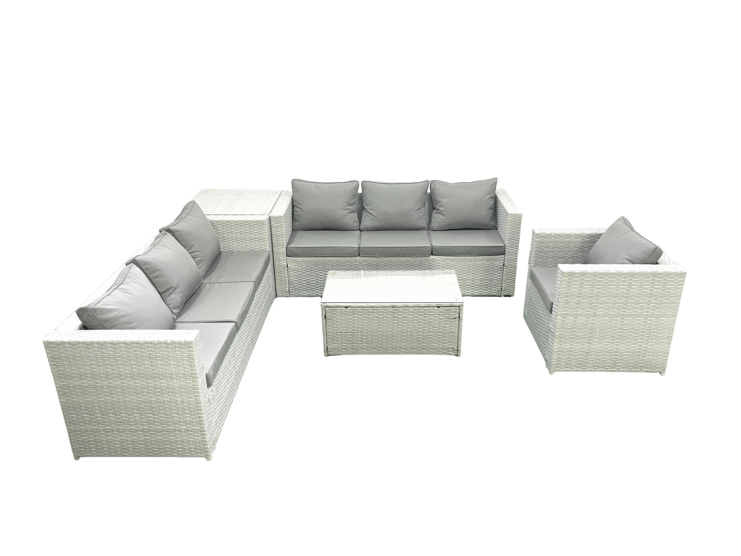 GARTENGARNITUR mit 3-SITZER SOFA,COUCHTISCH Polyrattan Hellgrau-Mix 7-Sitzer - Hellgrau/Grau, Glas/Kunststoff - Fimous