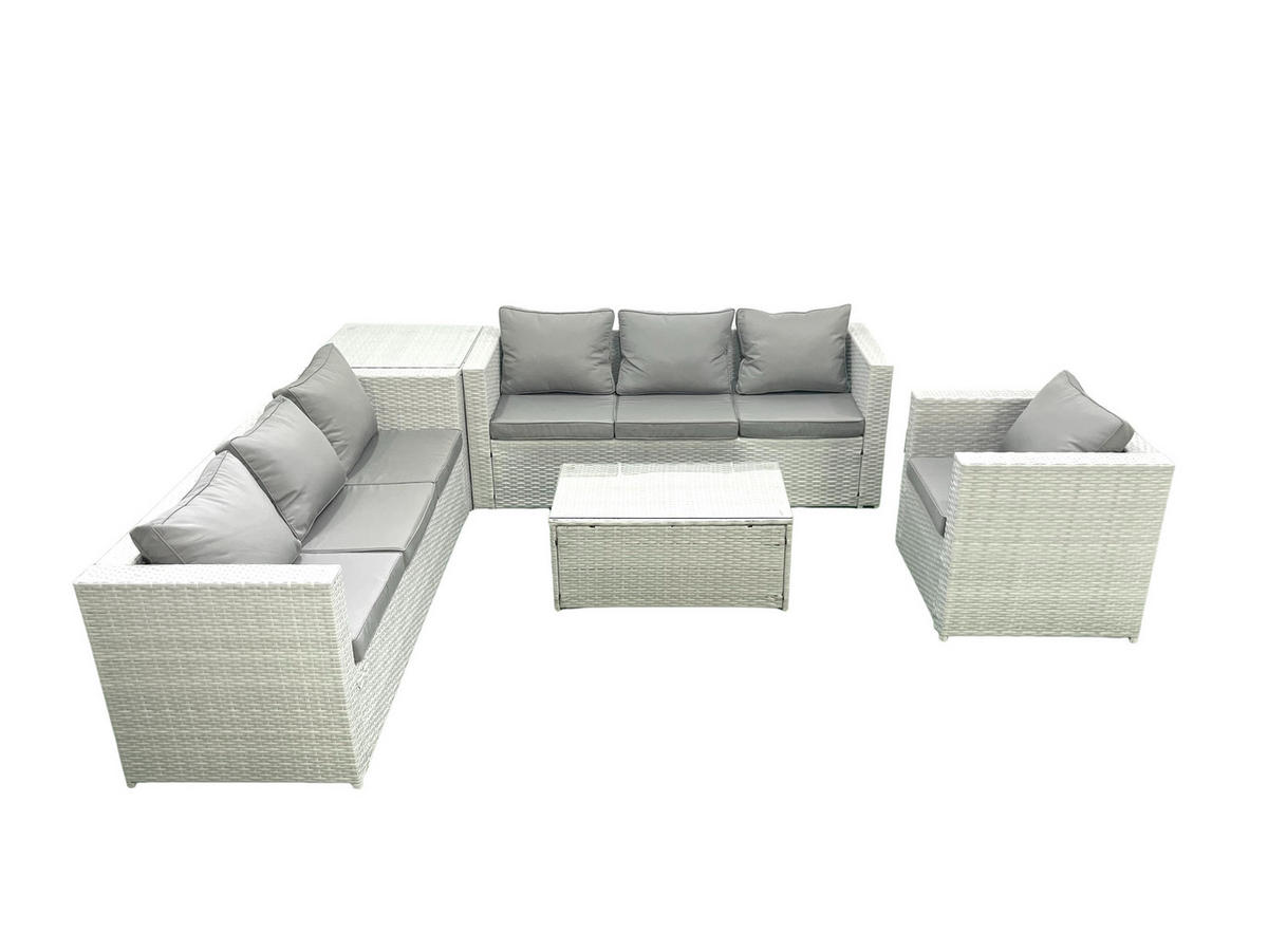 GARTENGARNITUR mit 3-SITZER SOFA,COUCHTISCH Polyrattan Hellgrau-Mix 7-Sitzer - Hellgrau/Grau, Glas/Kunststoff - Fimous