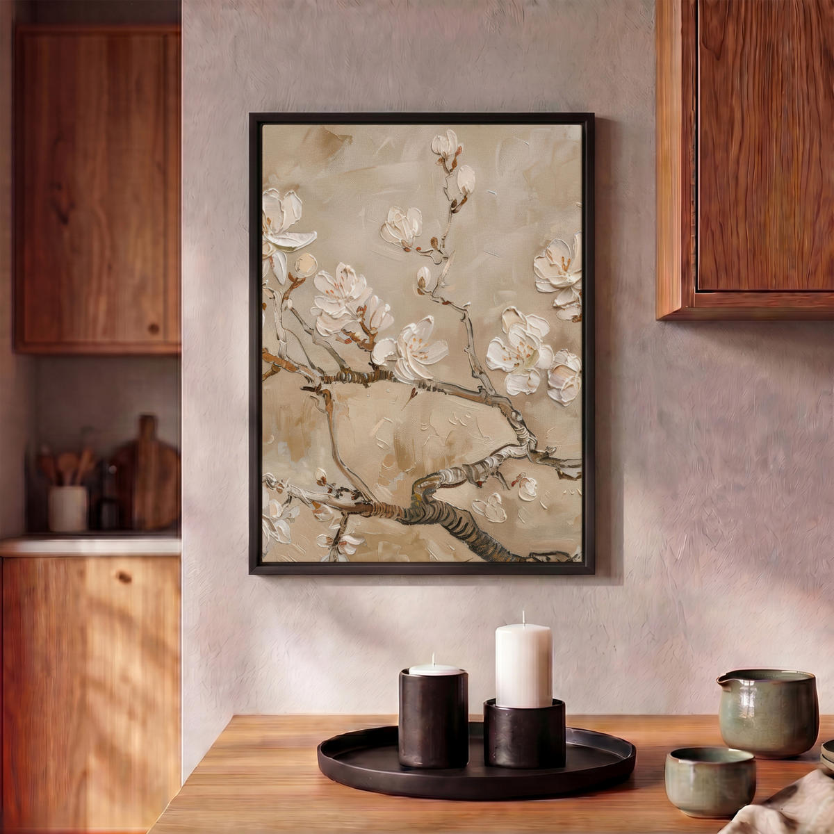 LEINWAND Bilder mit Rahmen - Blumen - Modern - Beige - Weiß - Blüte - 30x40 - Beige, Textil (30/40cm) - MuchoWow